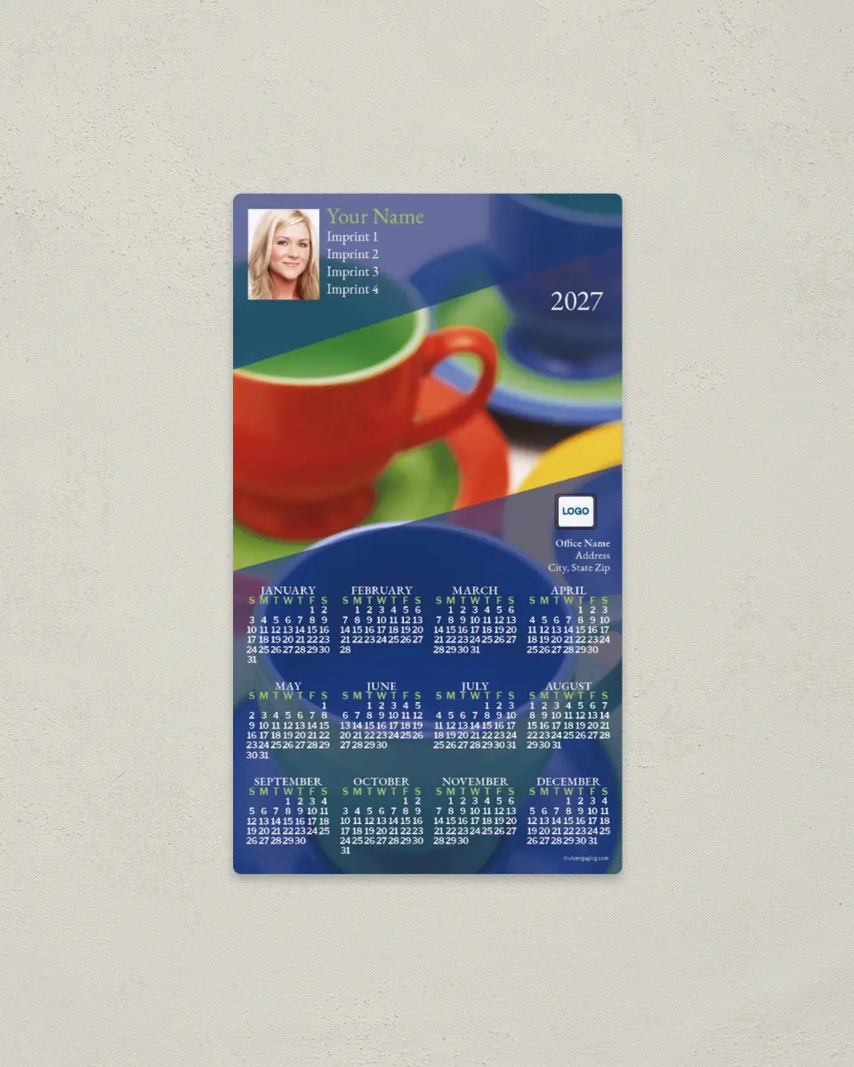 This is a 4" x 7" Full Magnet Calendar called Coffee Mugs printed in full color with a Standard Gloss finish