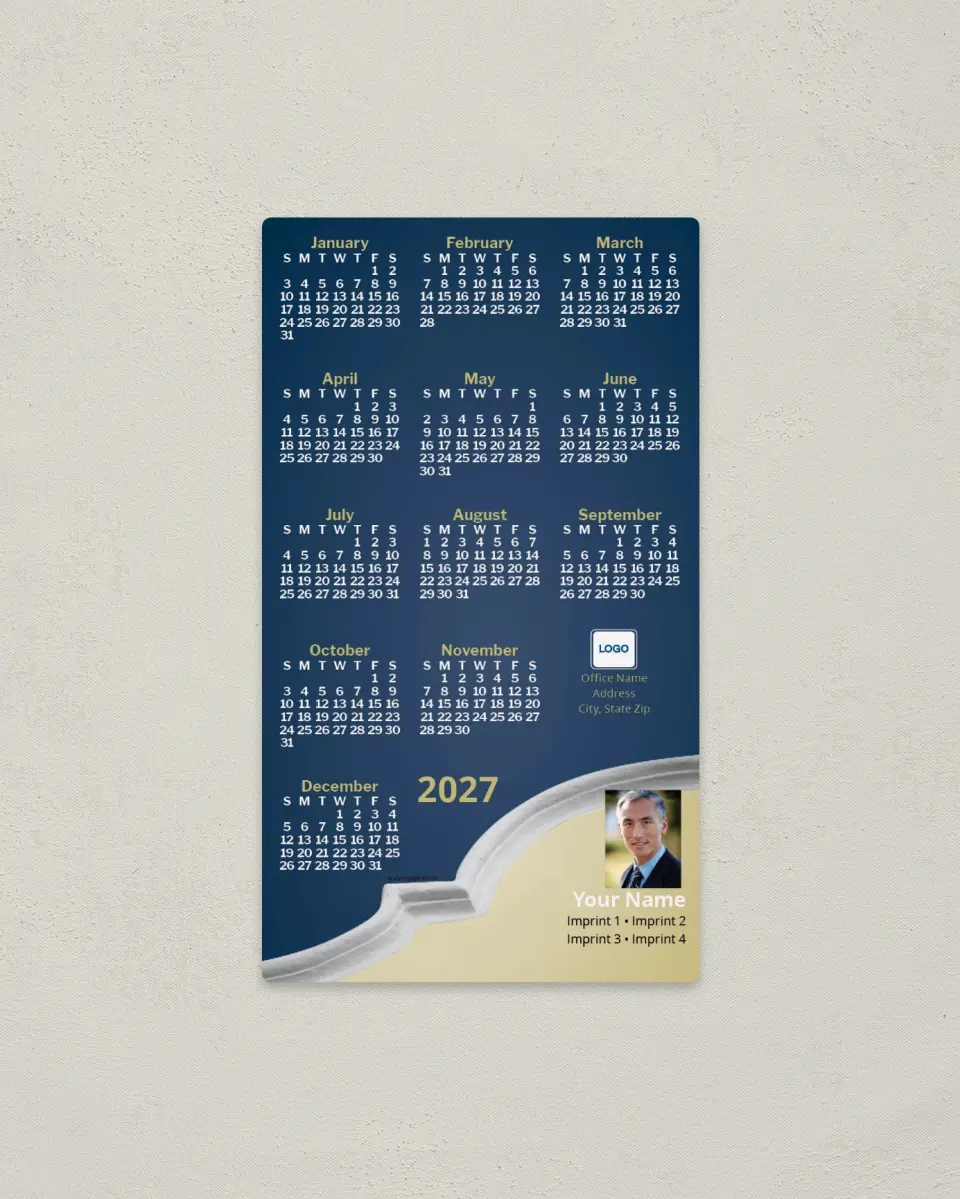 This is a 4" x 7" Full Magnet Calendar called Arch, Blue Background printed in full color with a Standard Gloss finish