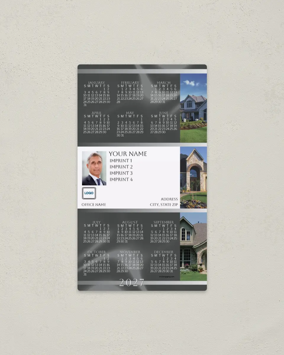 This is a 4" x 7" Full Magnet Calendar called 3 Brick House photos, Gray Background printed in full color with a Standard Gloss finish