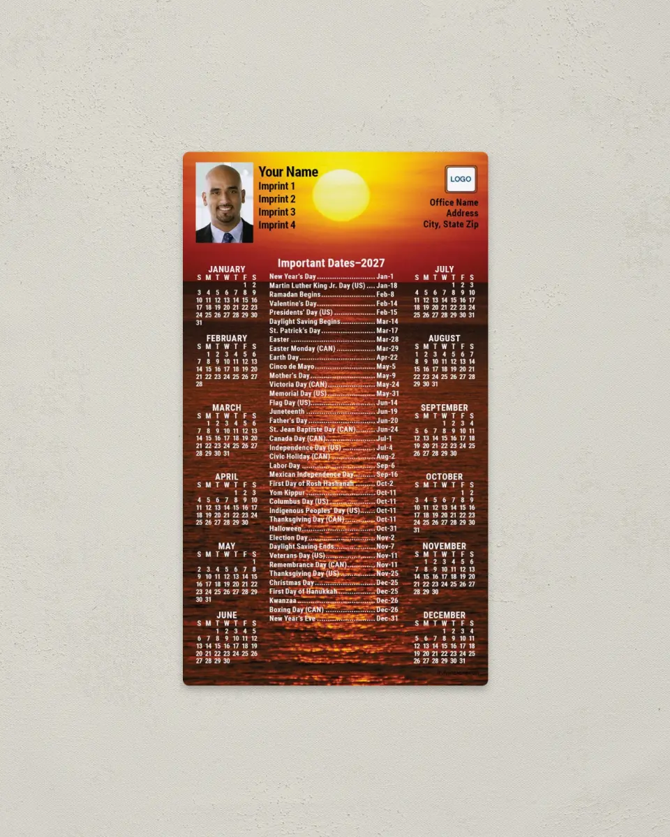 This is a 4" x 7" Full Magnet Calendar called Sunset, Important Dates printed in full color with a Standard Gloss finish