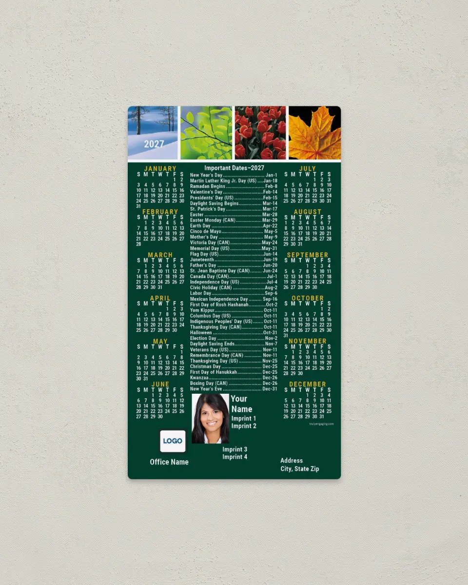 This is a 4" x 7" Full Magnet Calendar called Four Seasons, Important Dates printed in full color with a Standard Gloss finish