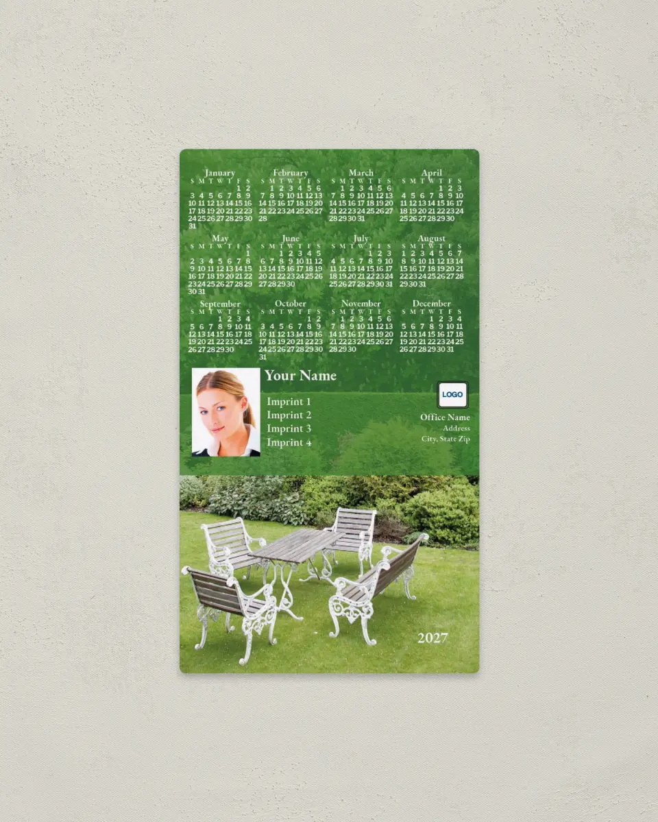 This is a 4" x 7" Full Magnet Calendar called Garden Set, Green Background printed in full color with a Standard Gloss finish