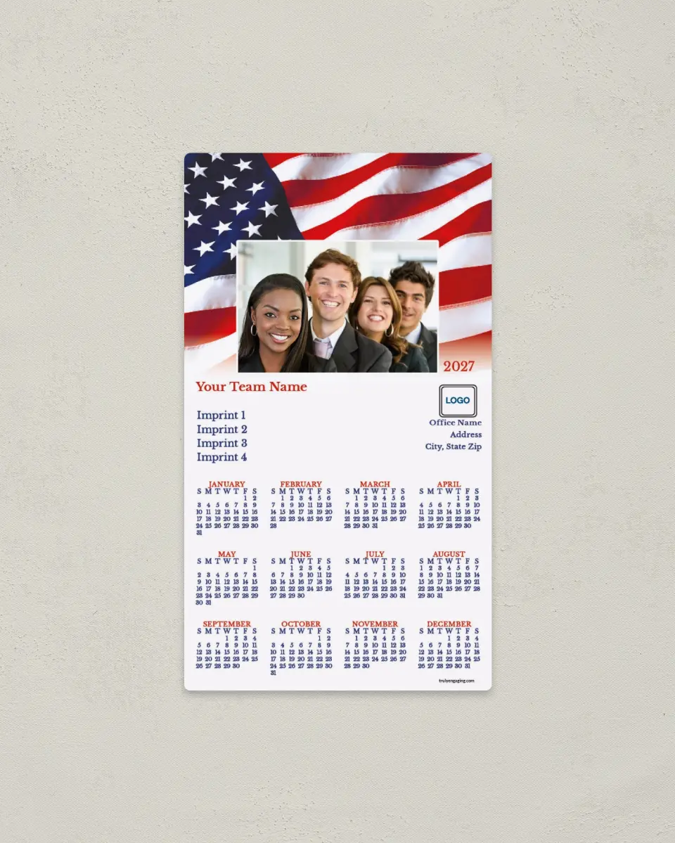 This is a 4" x 7" Full Magnet Calendar called Team Fading Flag printed in full color with a Standard Gloss finish