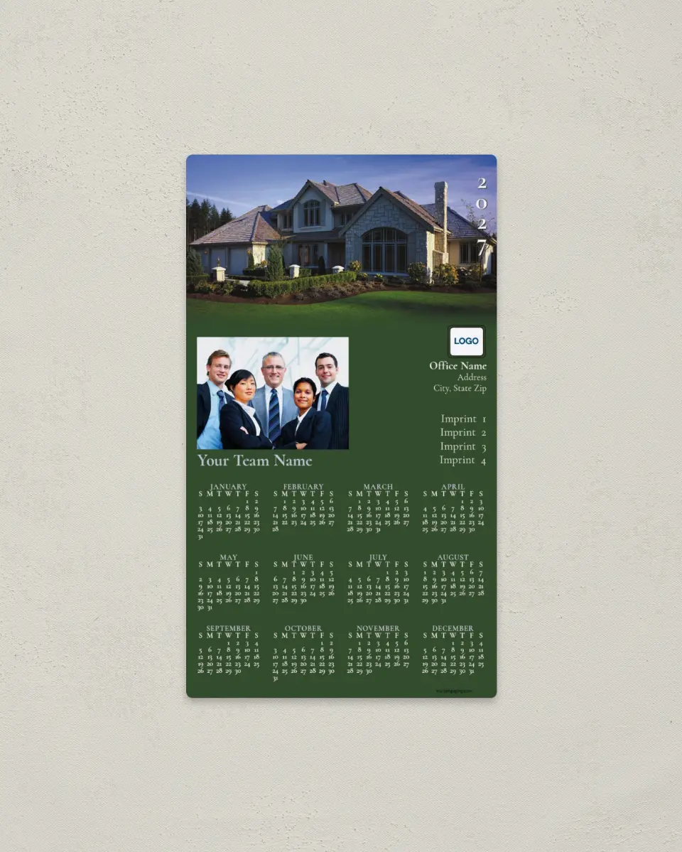 This is a 4" x 7" Full Magnet Calendar called Team House Fading to Green printed in full color with a Standard Gloss finish