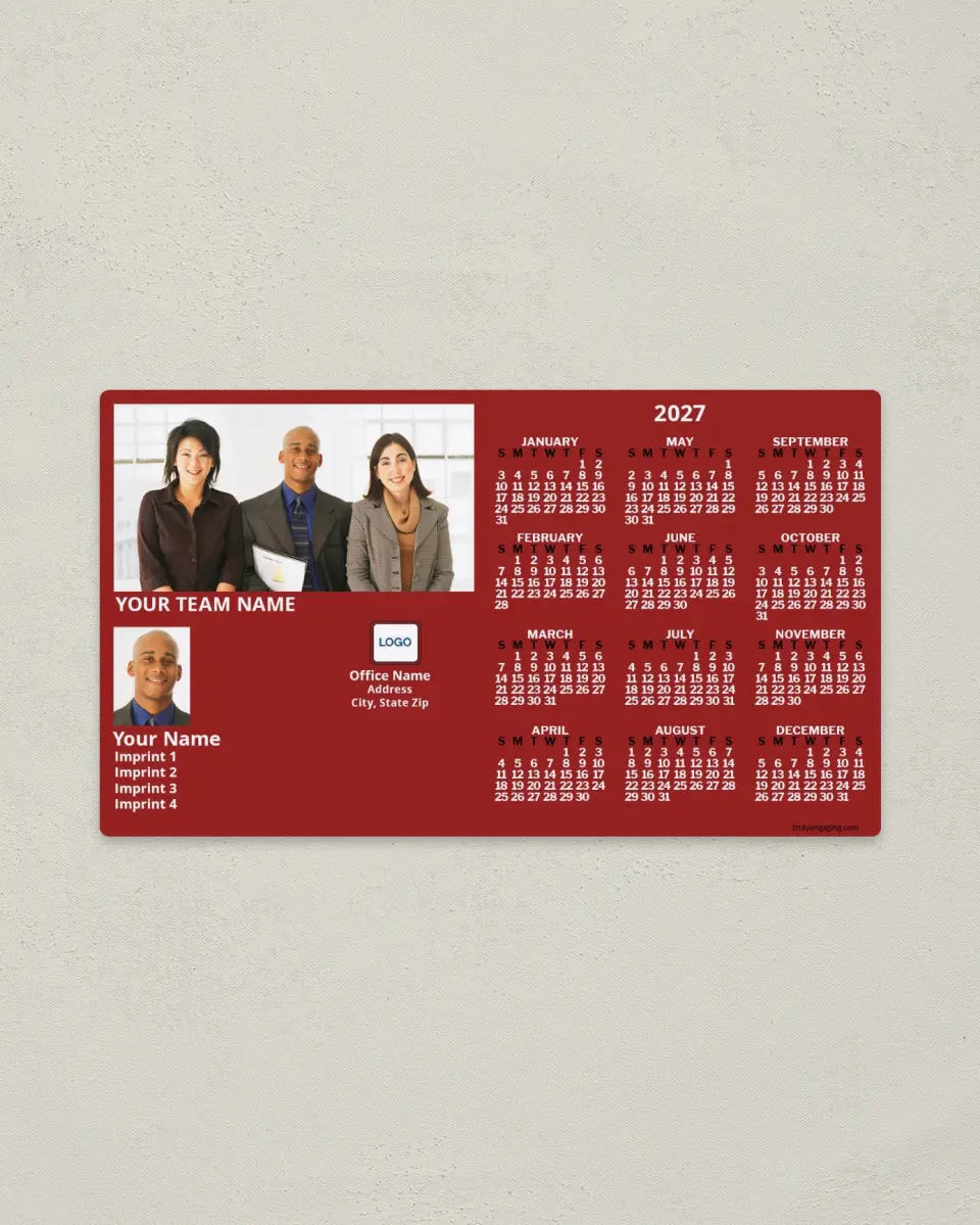 This is a 4" x 7" Full Magnet Calendar called Team Front Door with Flag, Dark Red printed in full color with a Standard Gloss finish
