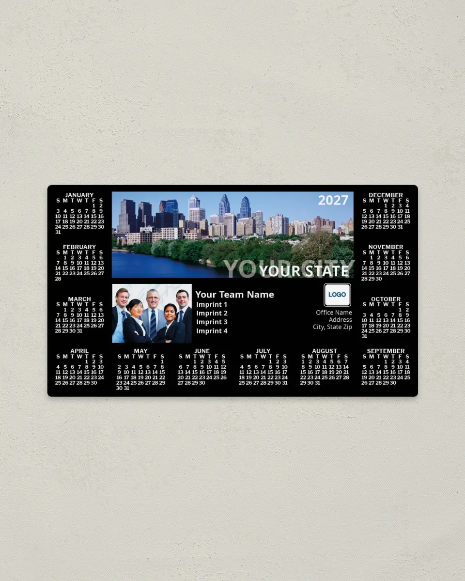 This is a 4" x 7" Full Magnet Calendar called Team Modern Skyline, Black with City Name printed in full color with a Standard Gloss finish