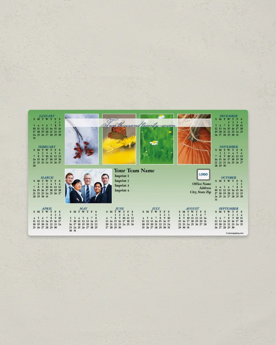 This is a 4" x 7" Full Magnet Calendar called Seasonal Snapshots, Team printed in full color with a Standard Gloss finish