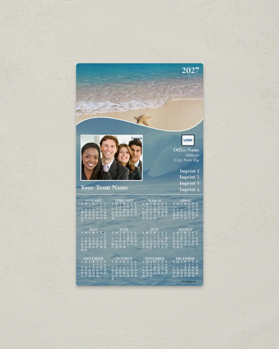 This is a 4" x 7" Full Magnet Calendar called Team Starfish on the Beach printed in full color with a Standard Gloss finish
