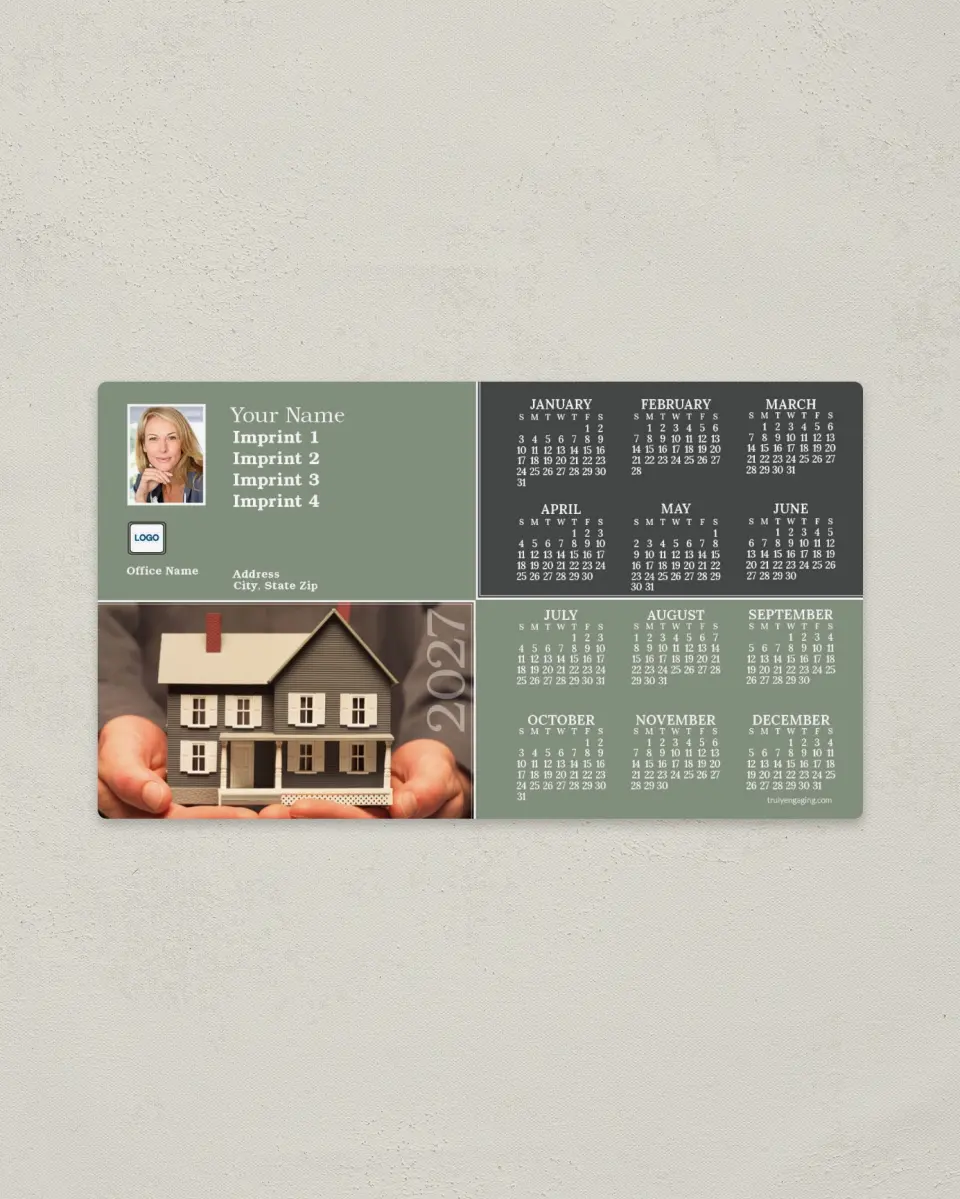 This is a 4" x 7" Full Magnet Calendar called Green Squares - Hands Holding House printed in full color with a Standard Gloss finish