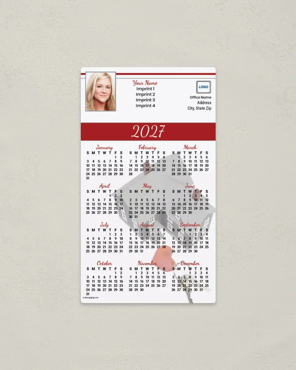 This is a 4" x 7" Full Magnet Calendar called Red and White - House and Keys printed in full color with a Standard Gloss finish