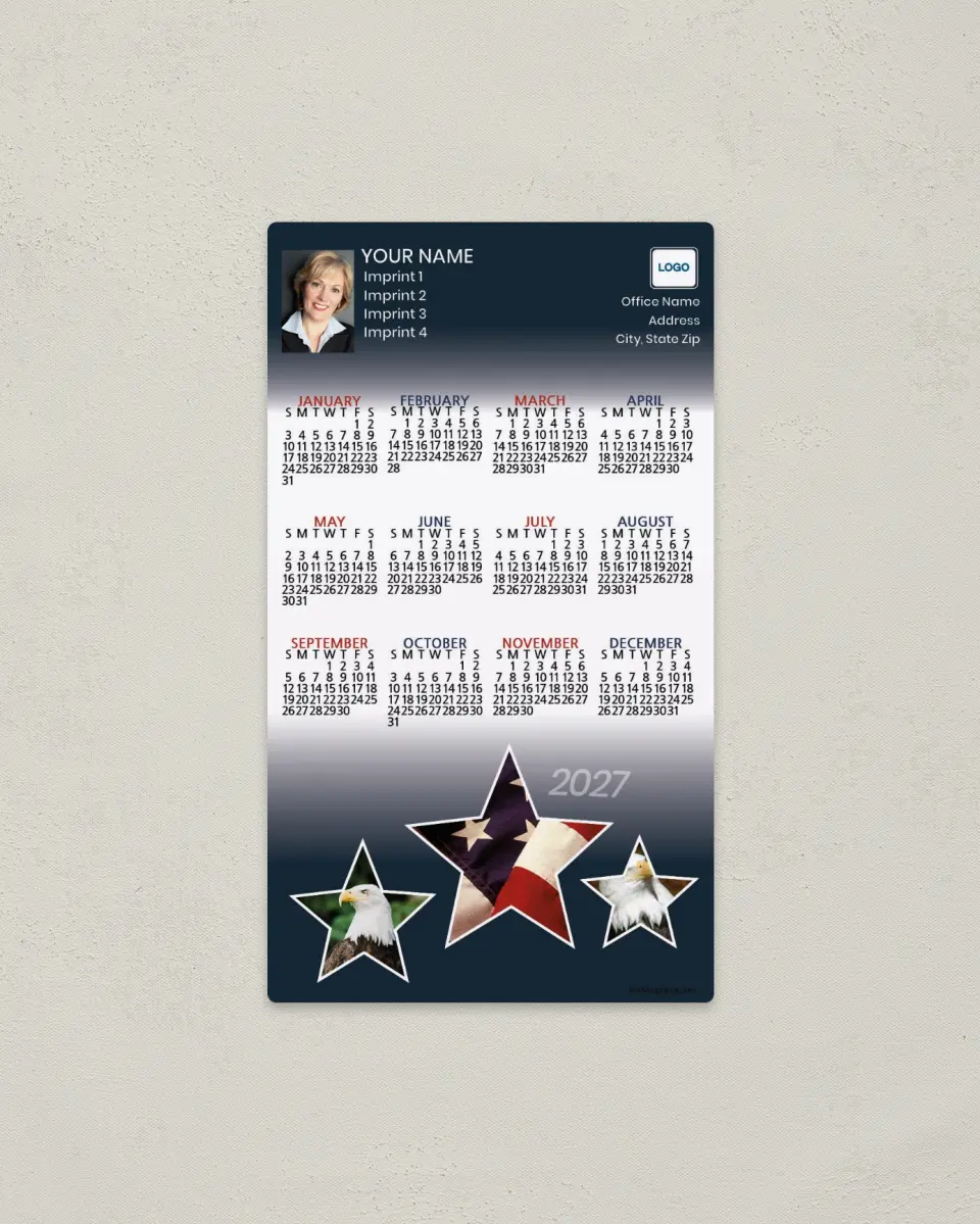 This is a 4" x 7" Full Magnet Calendar called Stars with Eagle and Flag printed in full color with a Standard Gloss finish