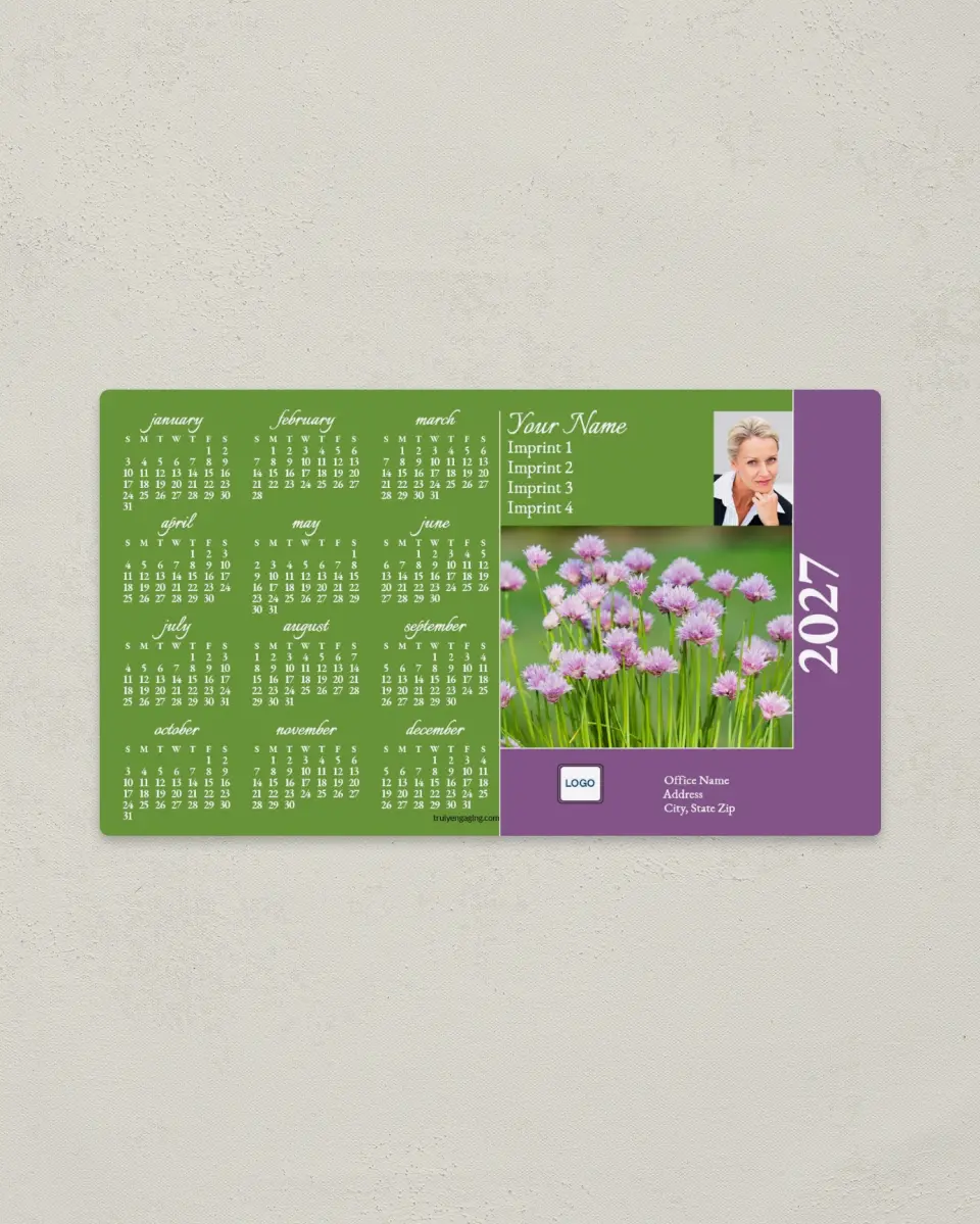 This is a 4" x 7" Full Magnet Calendar called Green with Purple Flowers printed in full color with a Standard Gloss finish