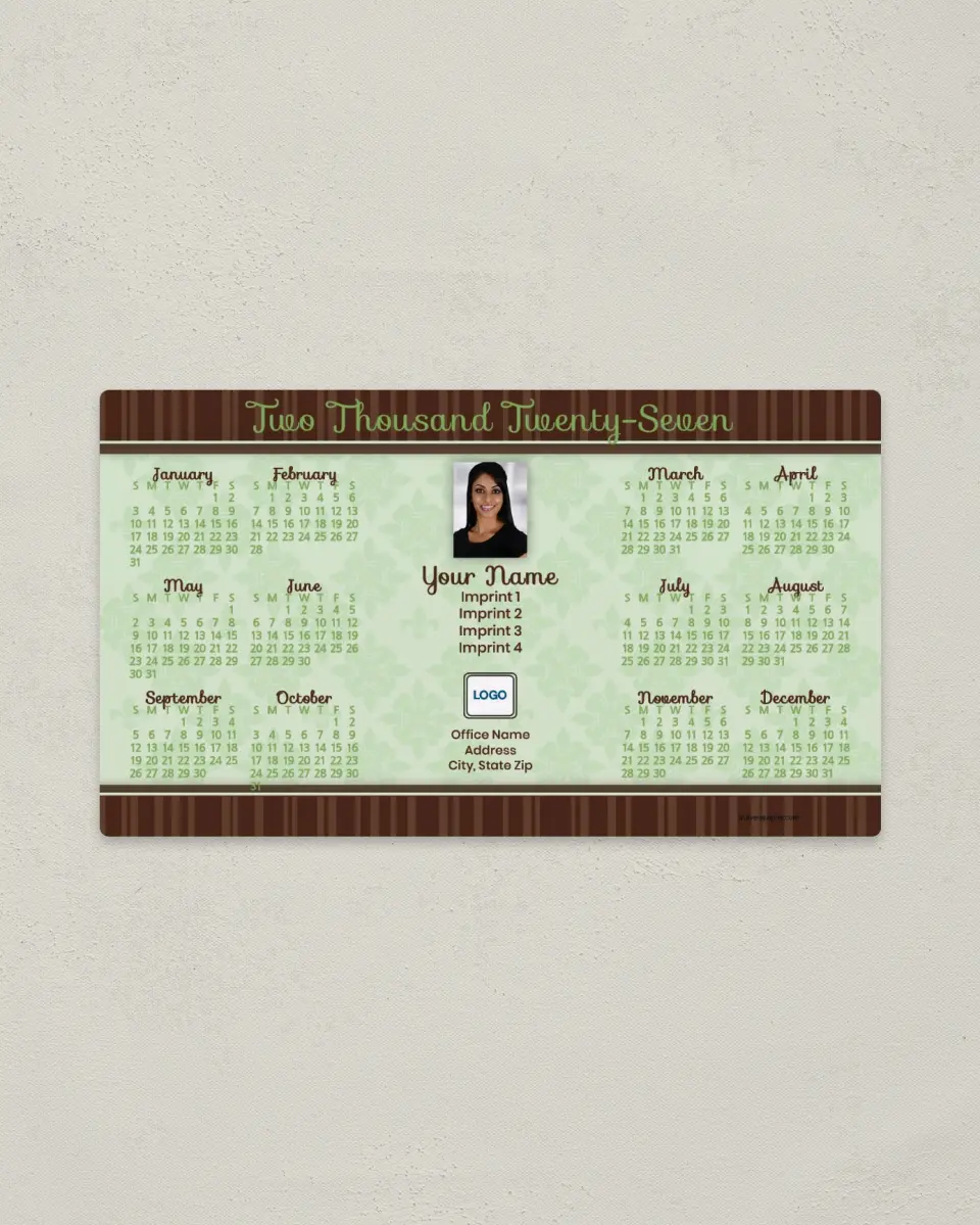 This is a 4" x 7" Full Magnet Calendar called Pale Green Pattern and Brown Stripes printed in full color with a Standard Gloss finish