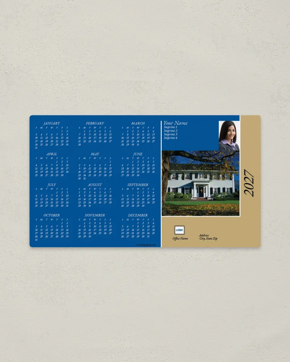 This is a 4" x 7" Full Magnet Calendar called Blue and Gold with House printed in full color with a Standard Gloss finish