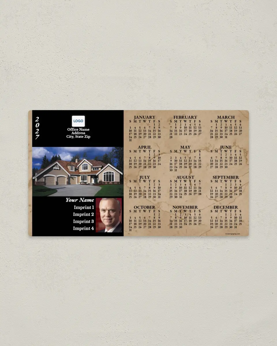 This is a 4" x 7" Full Magnet Calendar called House with Tan Marble and Black Background printed in full color with a Standard Gloss finish