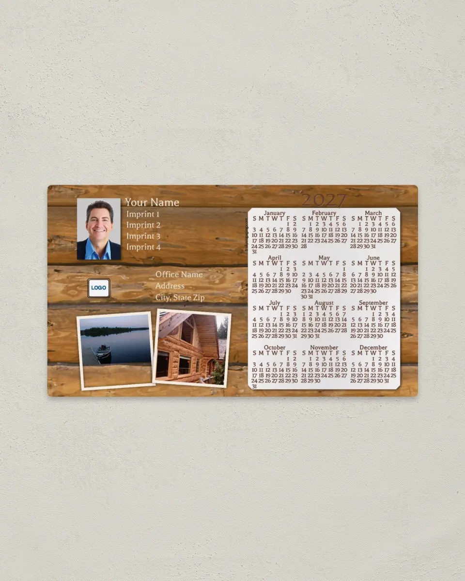 This is a 4" x 7" Full Magnet Calendar called Log Cabin with 2 Pictures printed in full color with a Standard Gloss finish