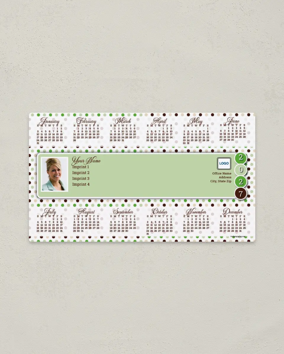 This is a 4" x 7" Full Magnet Calendar called Polka Dots printed in full color with a Standard Gloss finish