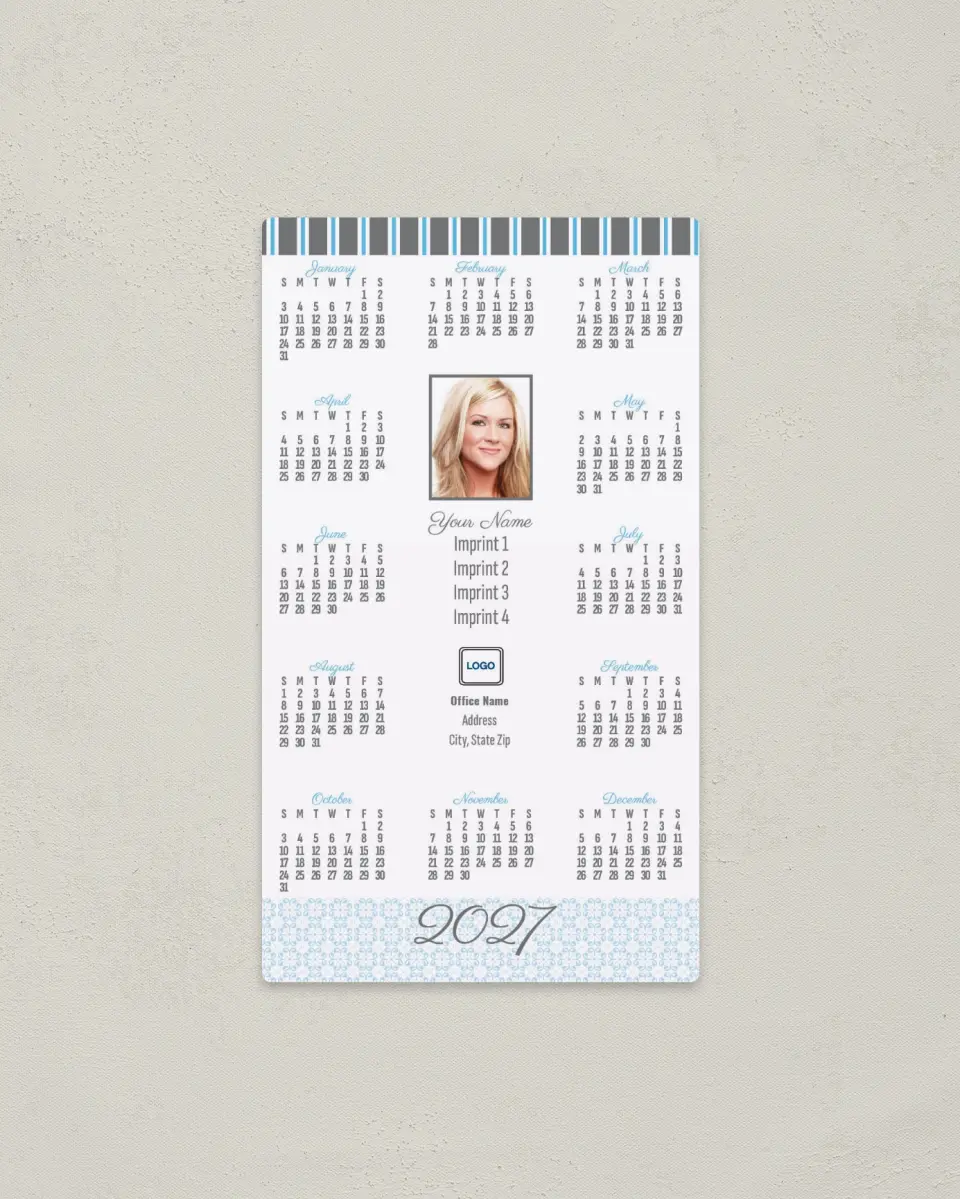 This is a 4" x 7" Full Magnet Calendar called White and Blue Stripes printed in full color with a Standard Gloss finish