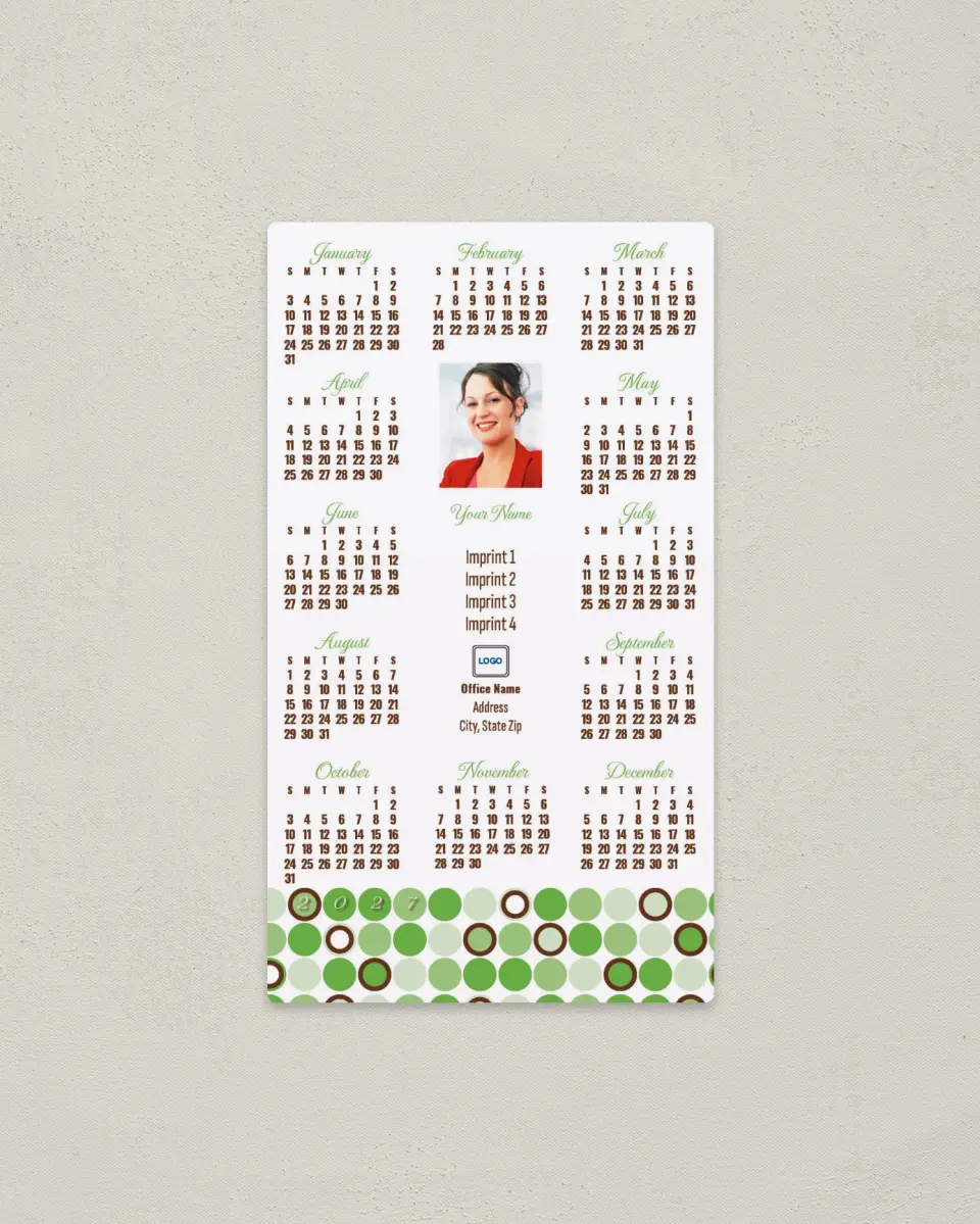 This is a 4" x 7" Full Magnet Calendar called Polka Dot on Bottom printed in full color with a Standard Gloss finish