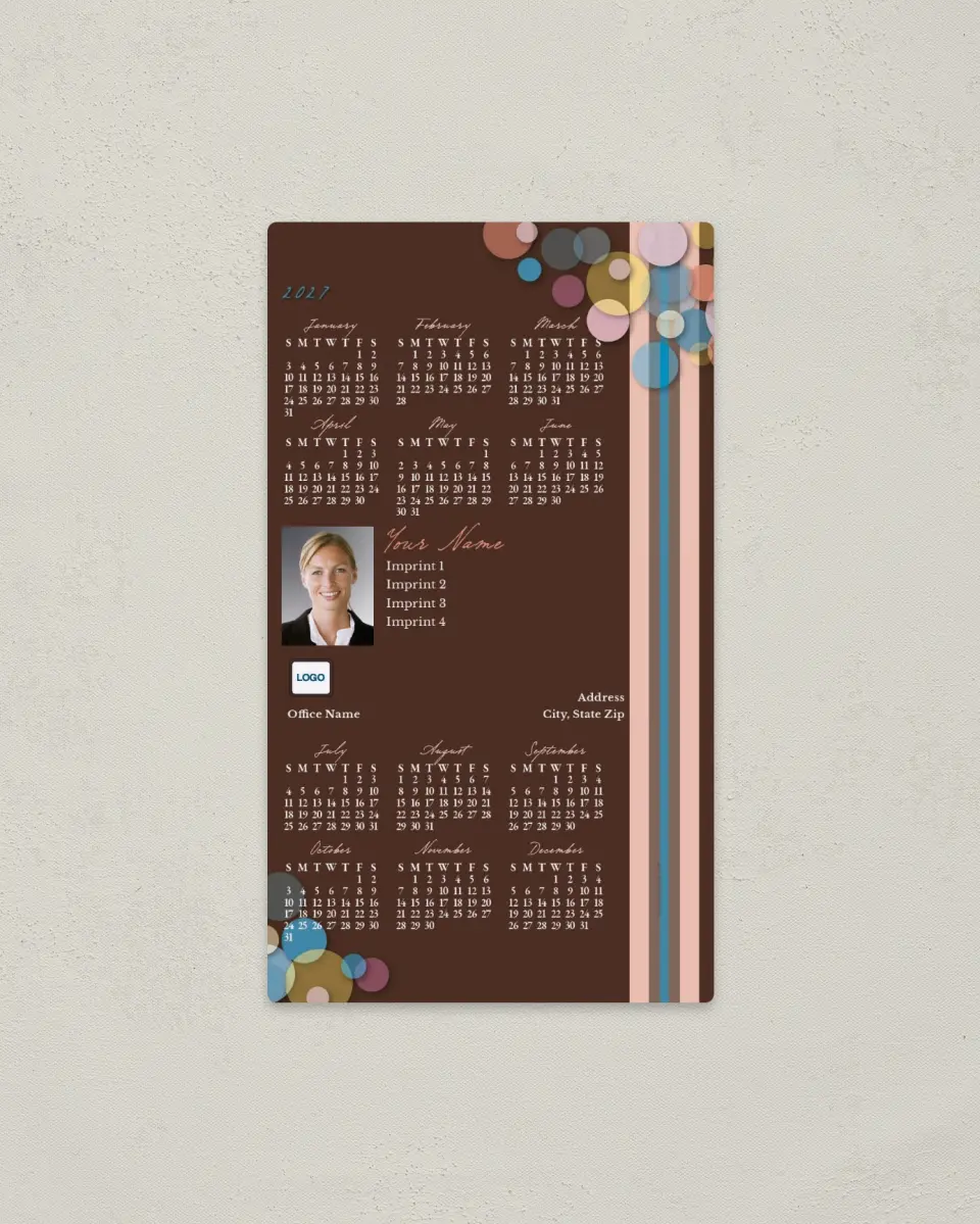 This is a 4" x 7" Full Magnet Calendar called Stripes and Bubbles printed in full color with a Standard Gloss finish