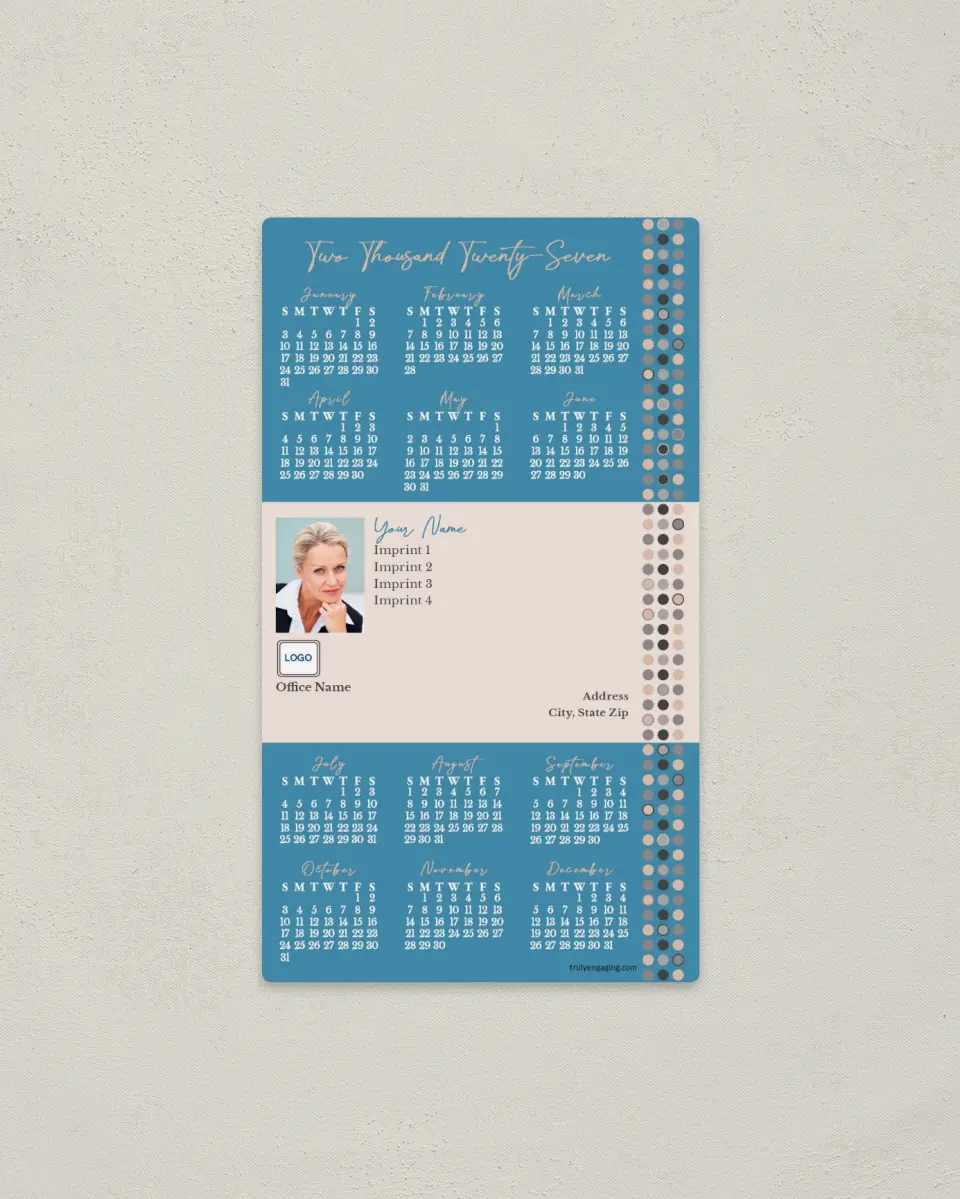 This is a 4" x 7" Full Magnet Calendar called Right Sided Dots printed in full color with a Standard Gloss finish