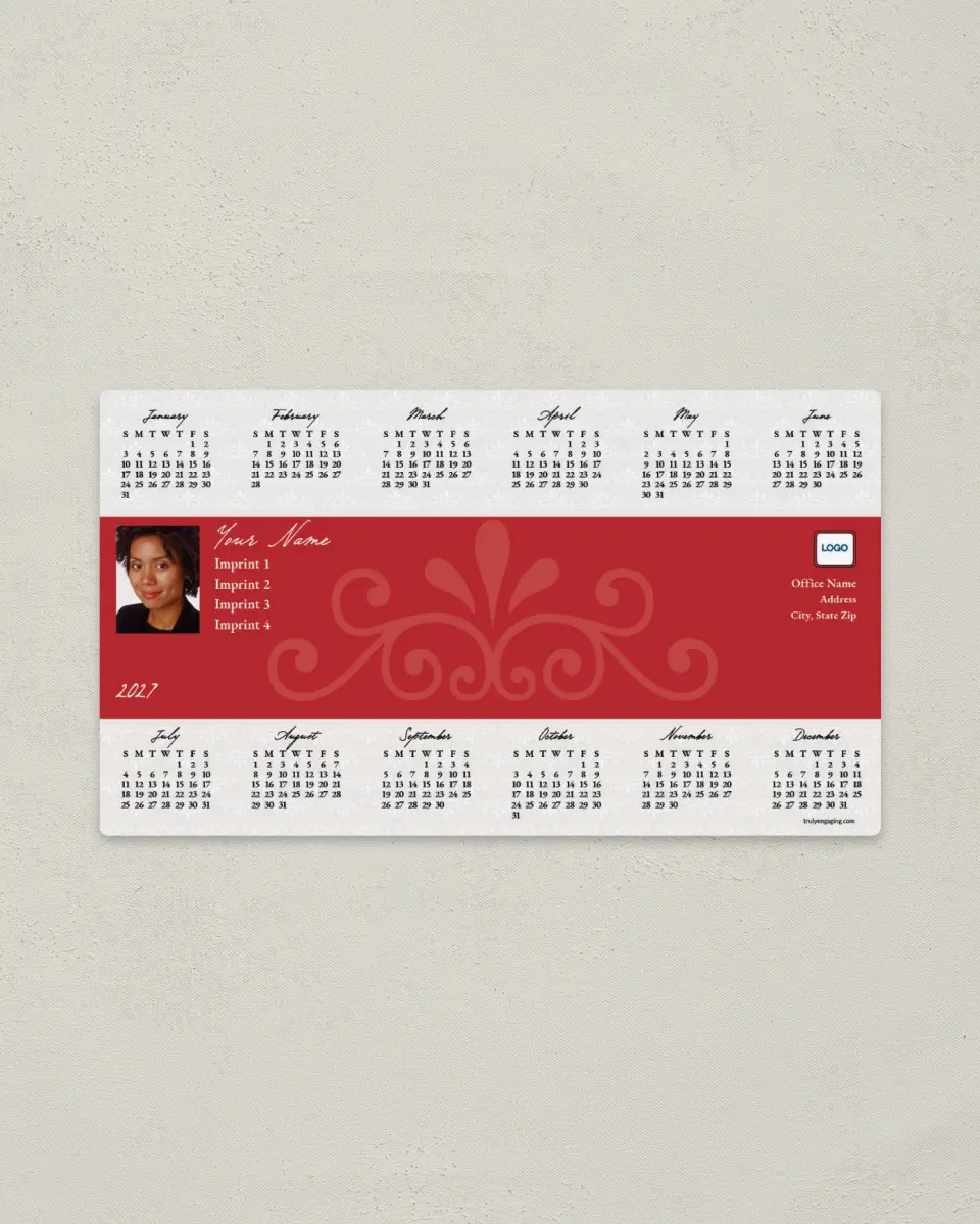 This is a 4" x 7" Full Magnet Calendar called Red and White Design printed in full color with a Standard Gloss finish