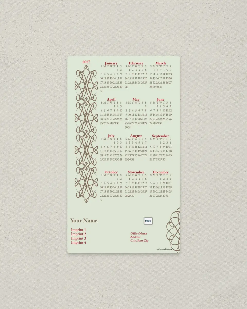 This is a 4" x 7" Full Magnet Calendar called Scroll printed in full color with a Standard Gloss finish