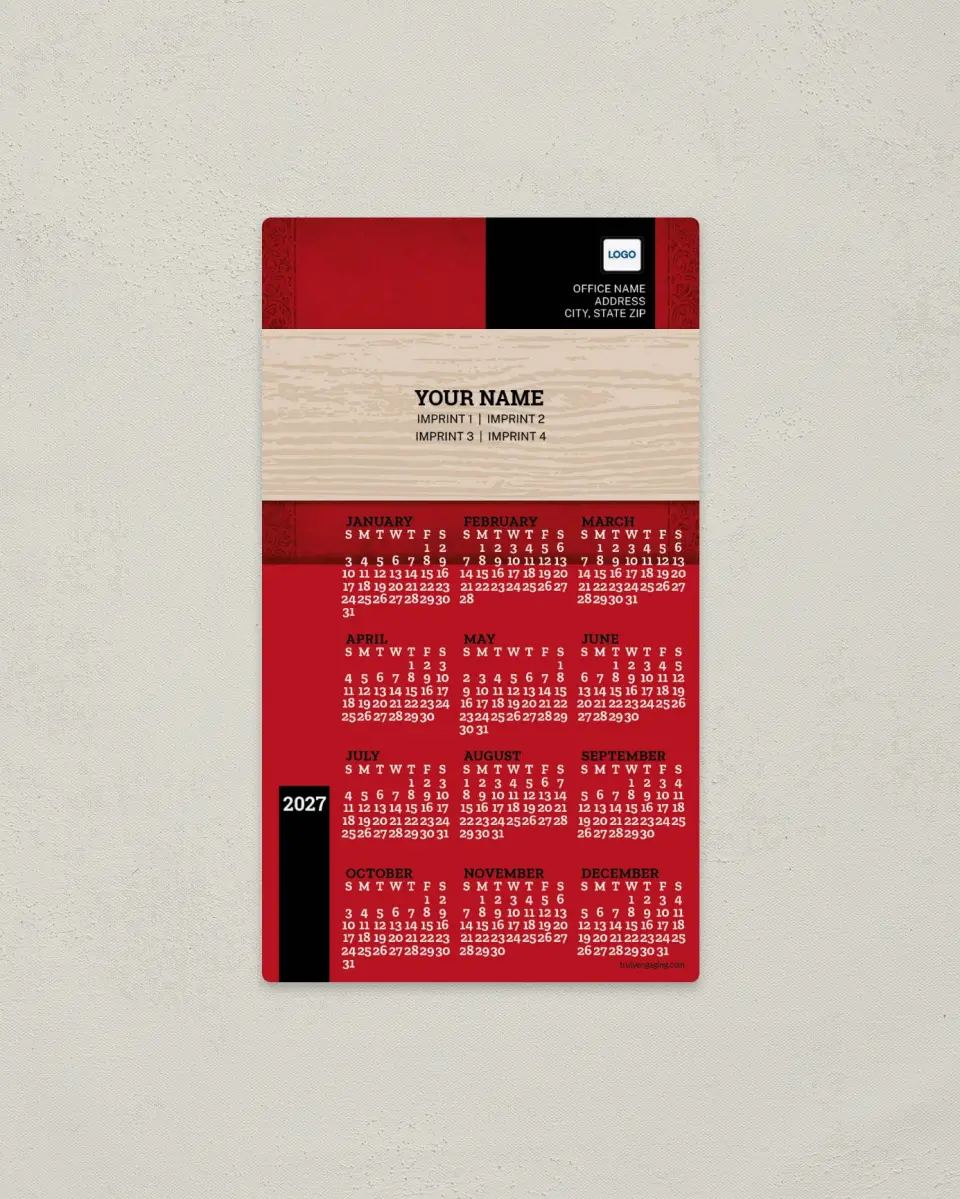 This is a 4" x 7" Full Magnet Calendar called Wood Banner printed in full color with a Standard Gloss finish
