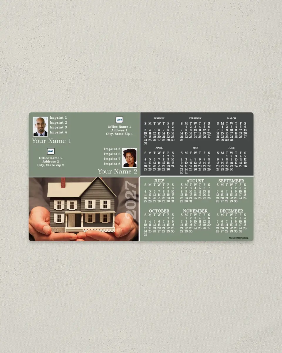 This is a 4" x 7" Full Magnet Calendar called Green Squares - Hands Holding House, 2-Person printed in full color with a Standard Gloss finish