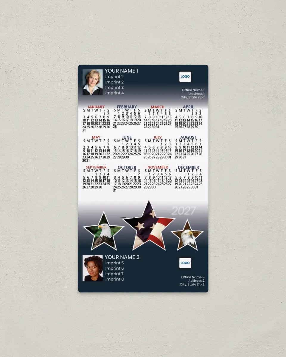 This is a 4" x 7" Full Magnet Calendar called Stars with Eagle and Flag, 2-Person printed in full color with a Standard Gloss finish