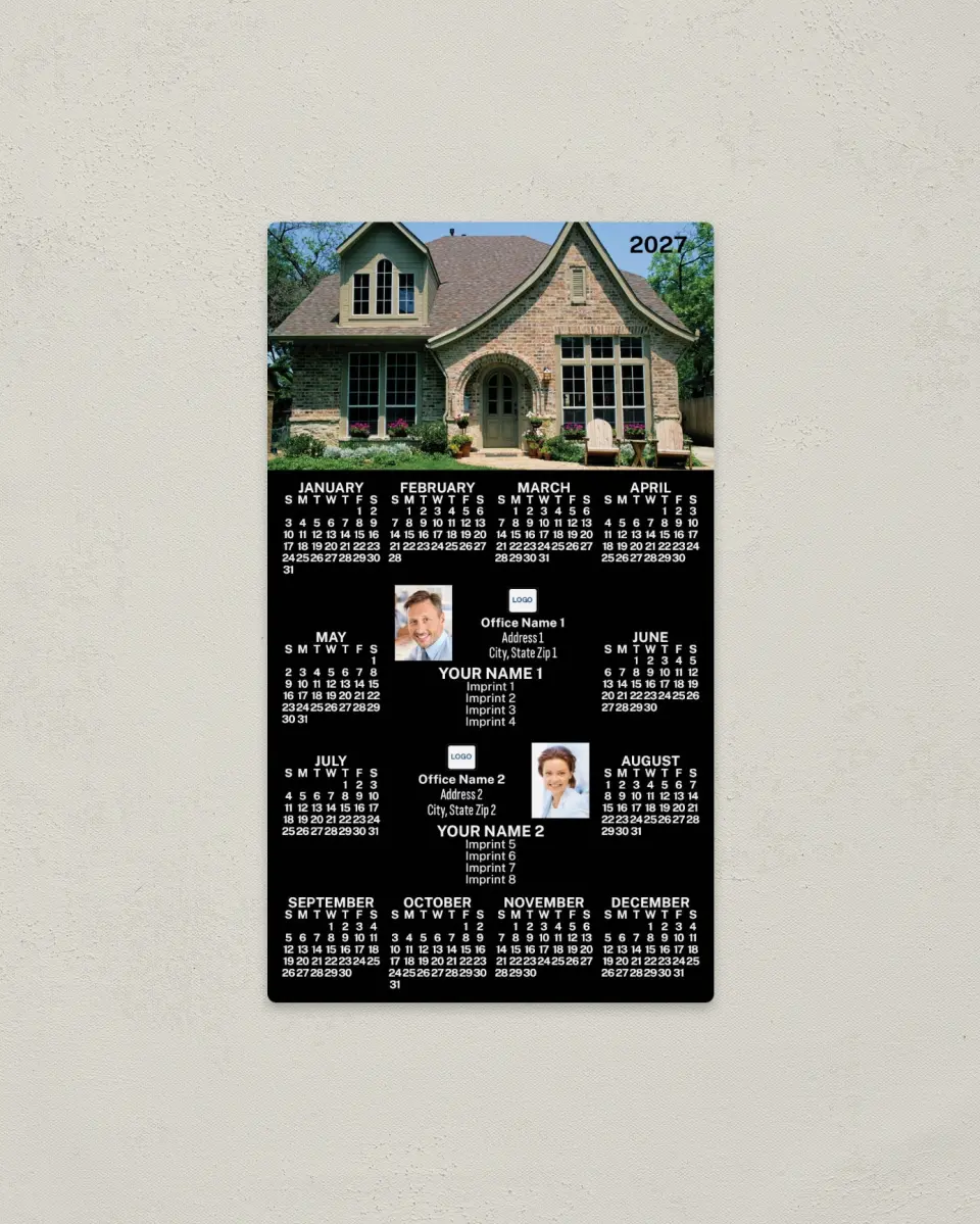 This is a 4" x 7" Full Magnet Calendar called House with Sloped Roof, Black, 2-Person printed in full color with a Standard Gloss finish