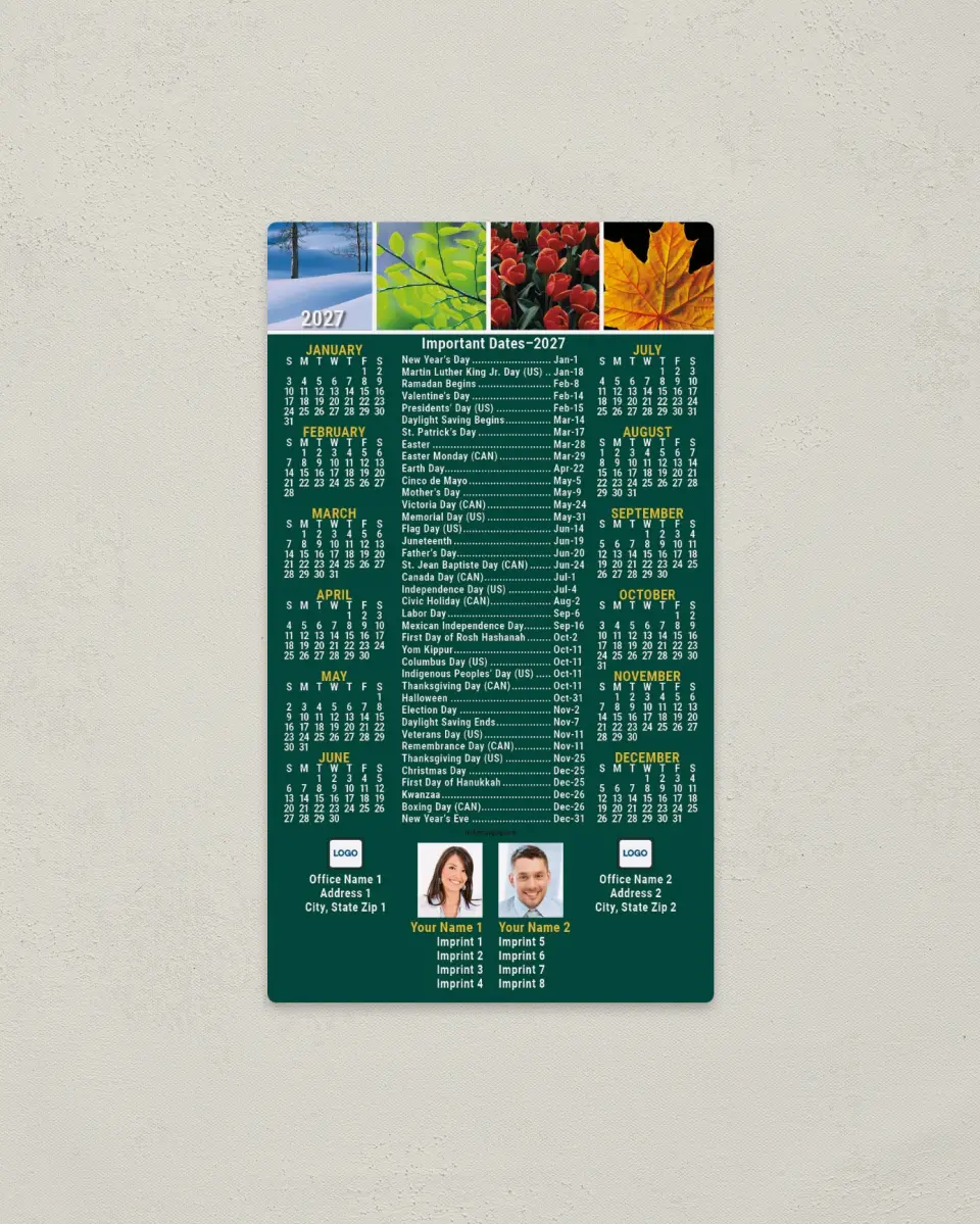 This is a 4" x 7" Full Magnet Calendar called Four Seasons, Important Dates, 2-Person printed in full color with a Standard Gloss finish