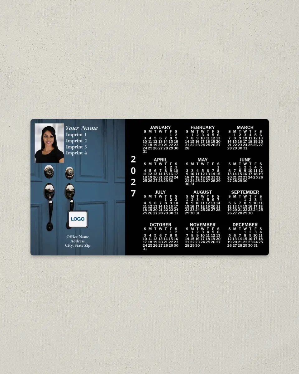 This is a 4" x 7" Full Magnet Calendar called Gray-Blue Doors with Black Background printed in full color with a Standard Gloss finish