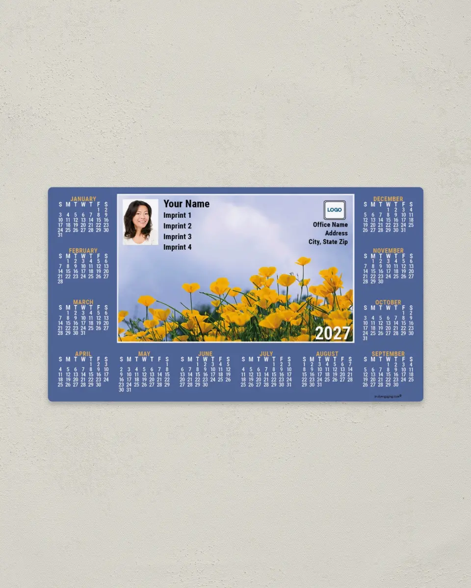 This is a 4" x 7" Full Magnet Calendar called Poppies with Lavender Border printed in full color with a Standard Gloss finish