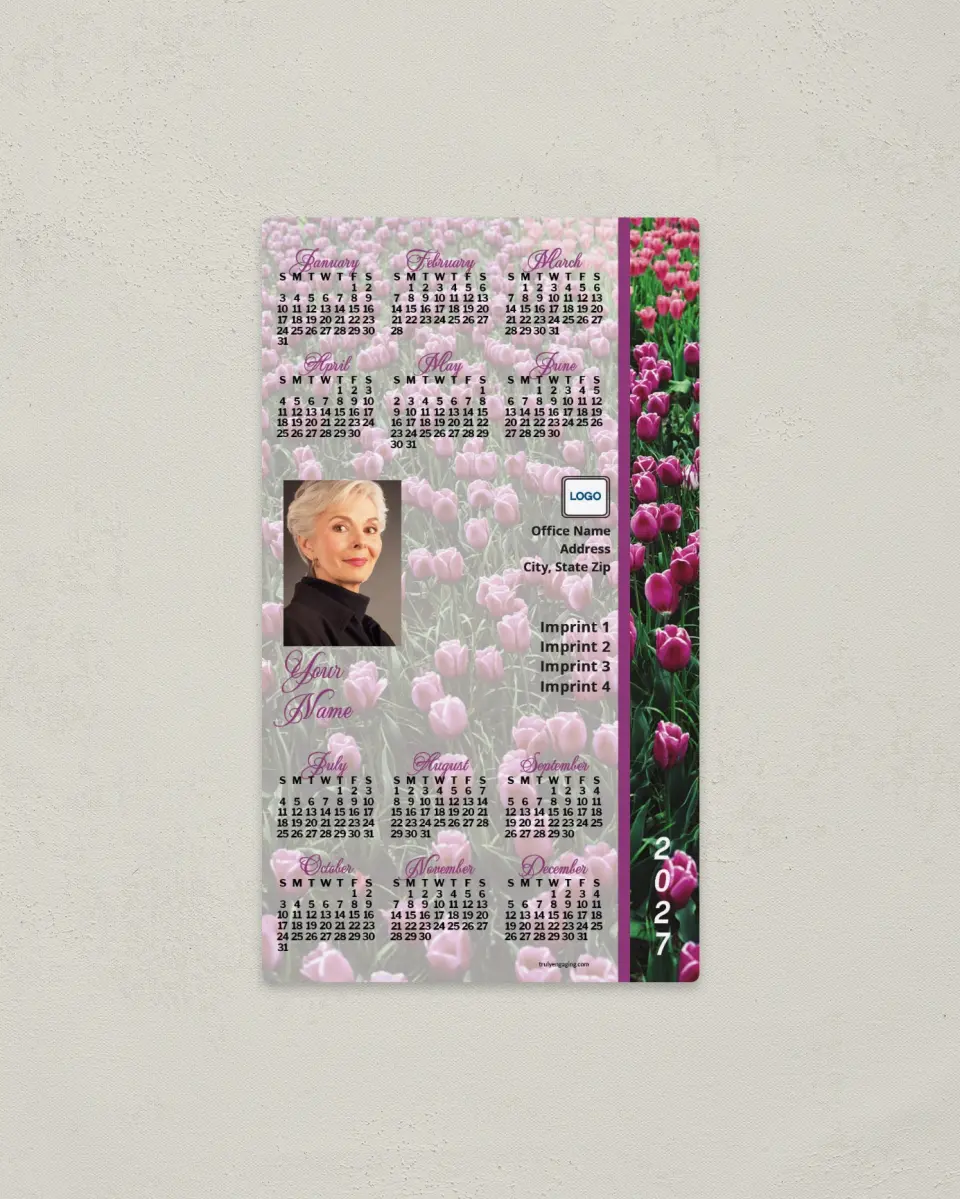 This is a 4" x 7" Full Magnet Calendar called Purple Tulips printed in full color with a Standard Gloss finish