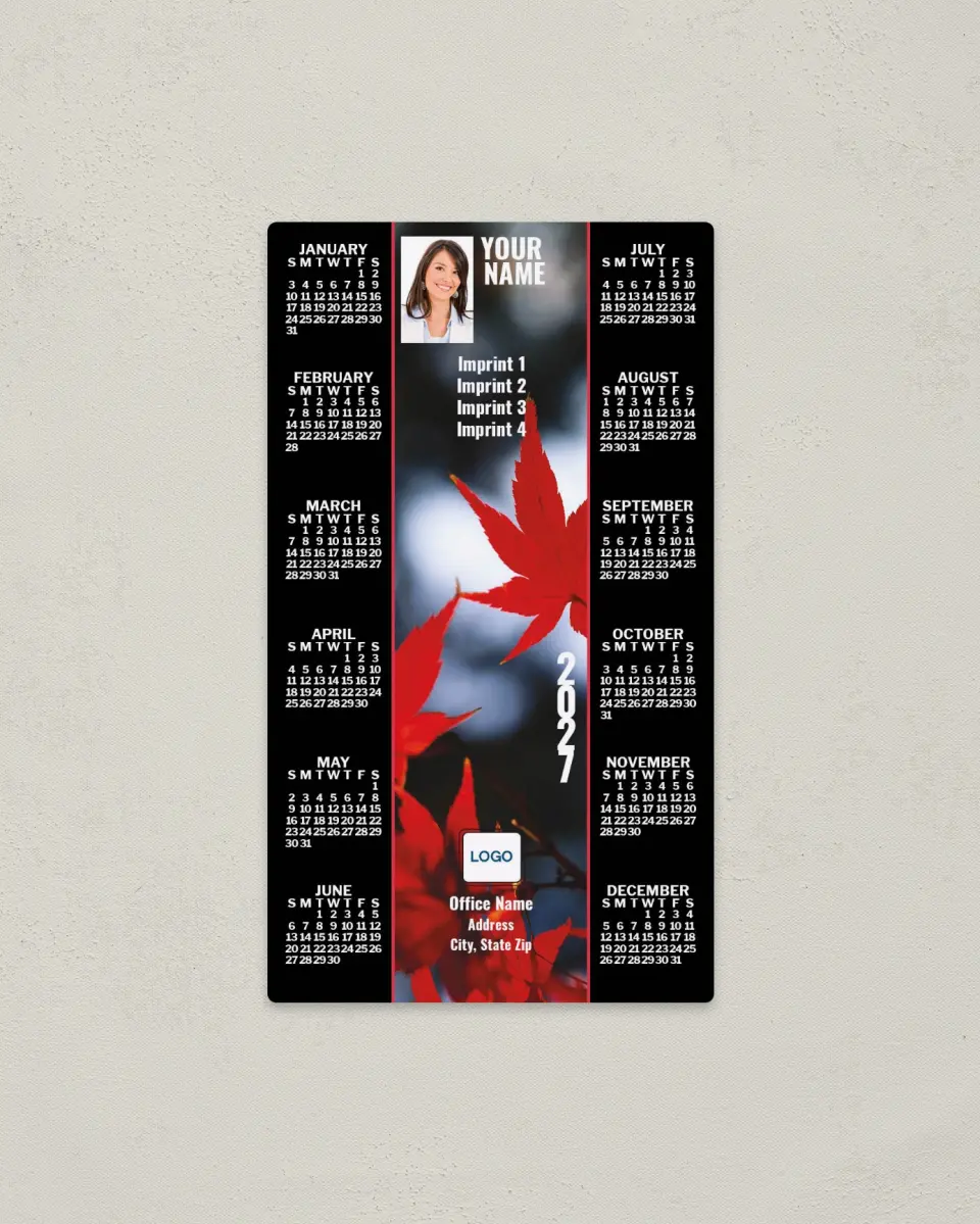 This is a 4" x 7" Full Magnet Calendar called Red Leaves printed in full color with a Standard Gloss finish
