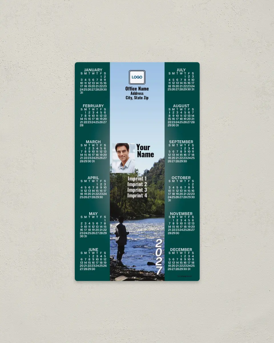 This is a 4" x 7" Full Magnet Calendar called Fisherman at Lake printed in full color with a Standard Gloss finish