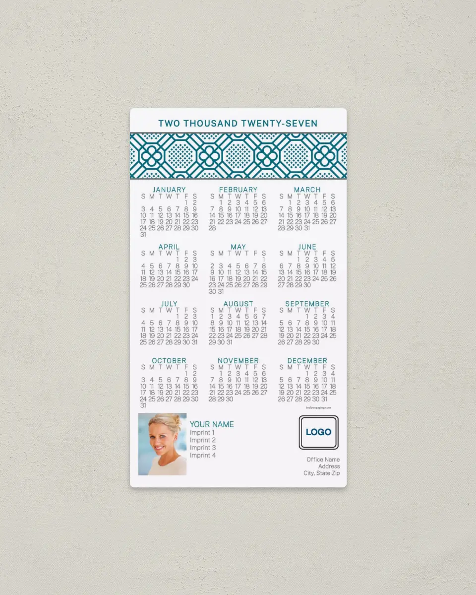 This is a 4" x 7" Full Magnet Calendar called Modern Tile Interior printed in full color with a Standard Gloss finish