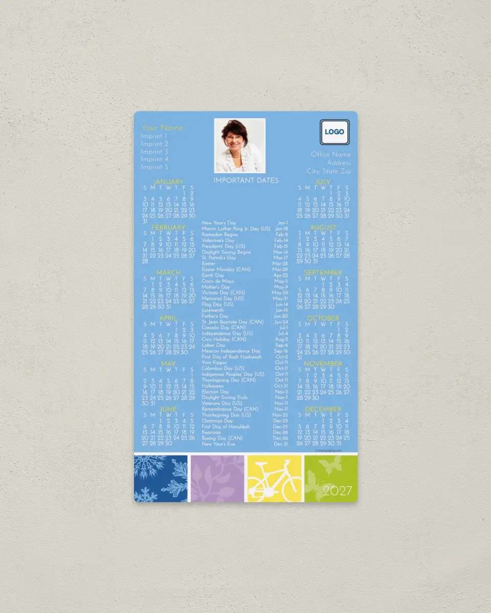 This is a 4" x 7" Full Magnet Calendar called Seasonal Squares printed in full color with a Standard Gloss finish