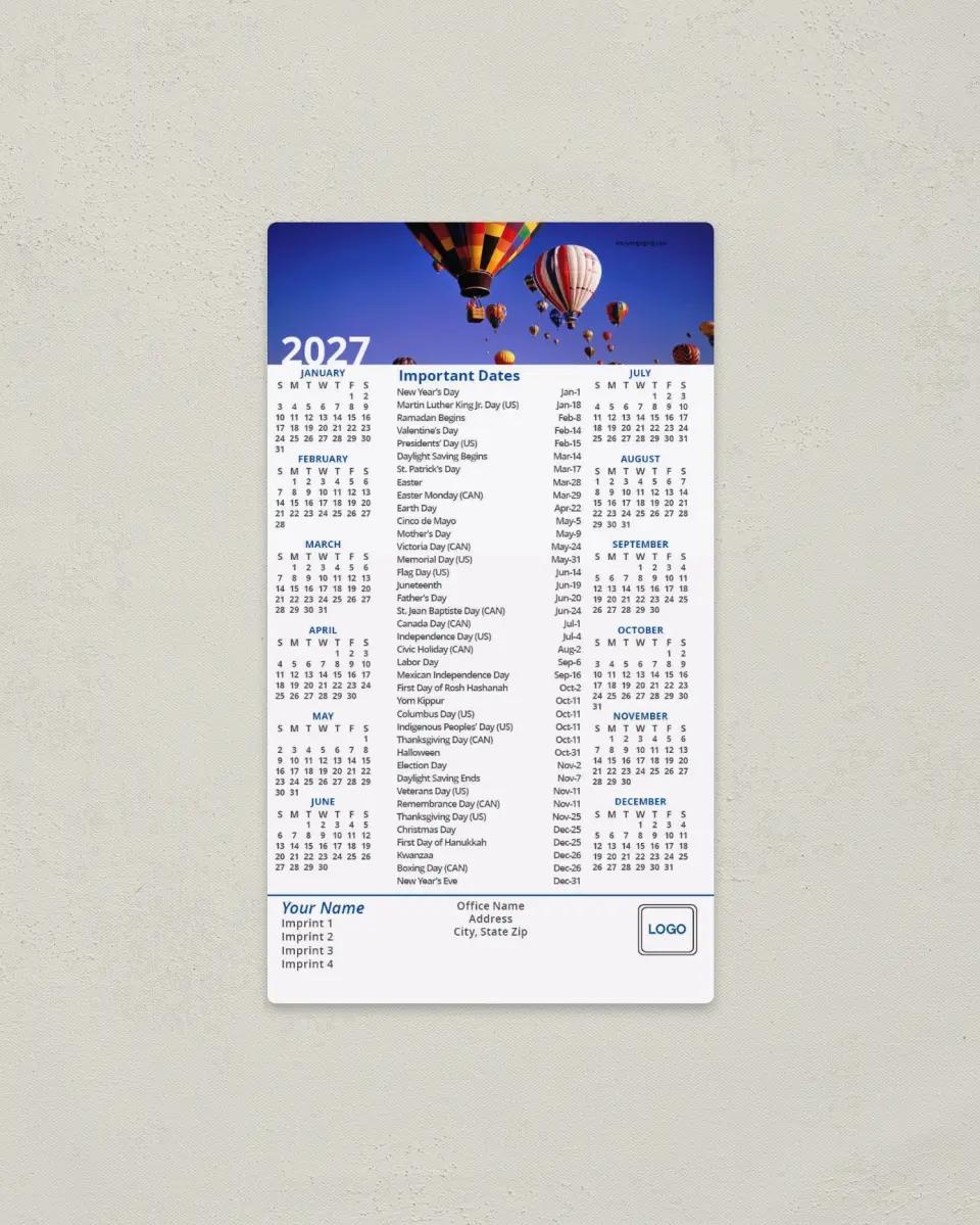 This is a 4" x 7" Full Magnet Calendar called Hot Air Balloon Banner printed in full color with a Standard Gloss finish