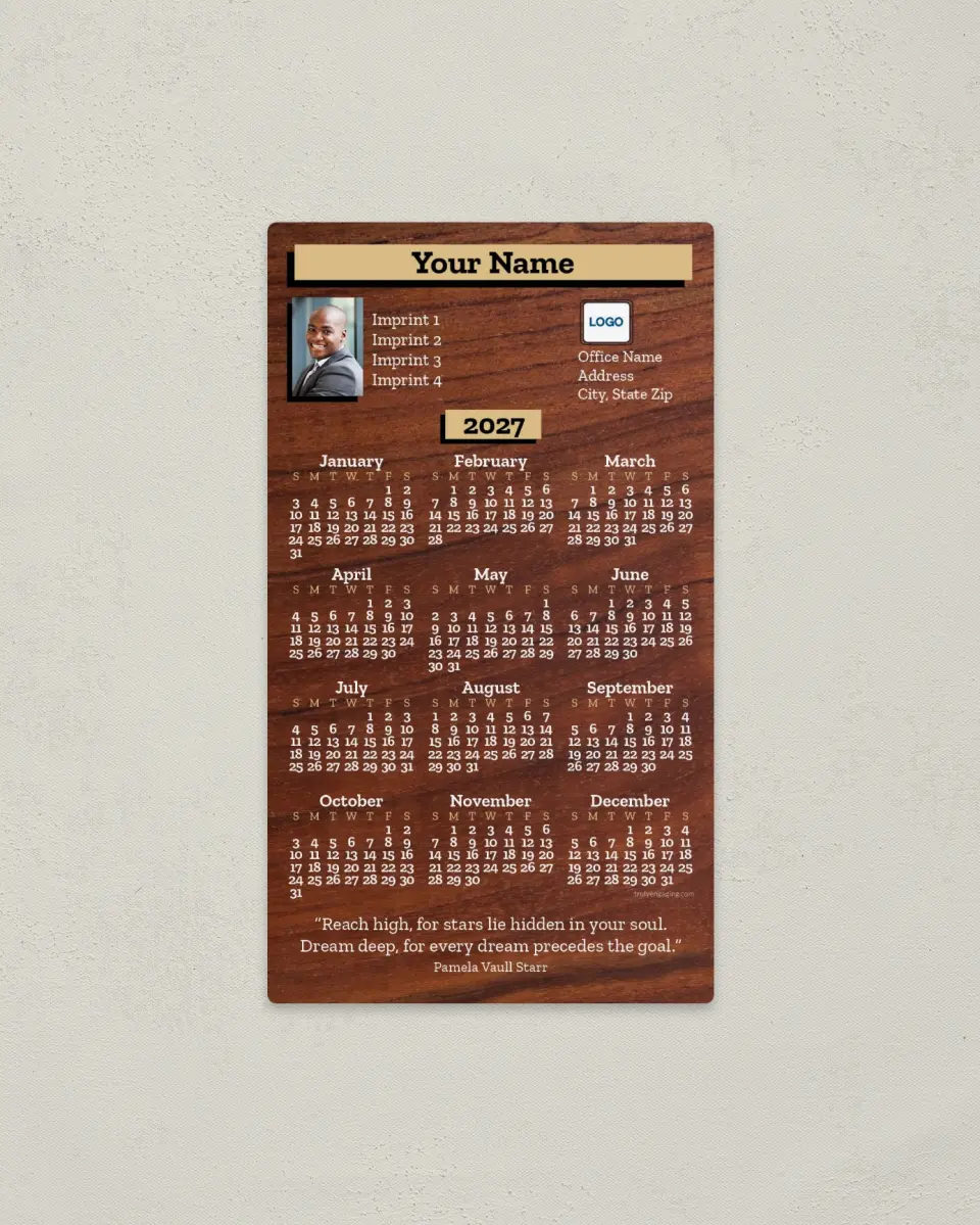 This is a 4" x 7" Full Magnet Calendar called Natural Wood Grain printed in full color with a Standard Gloss finish