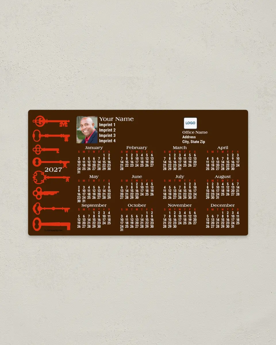 This is a 4" x 7" Full Magnet Calendar called Antique Skeleton Keys printed in full color with a Standard Gloss finish
