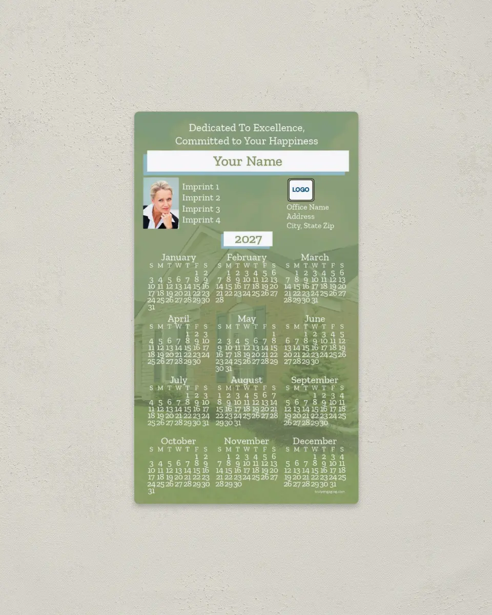 This is a 4" x 7" Full Magnet Calendar called Home Dedication printed in full color with a Standard Gloss finish