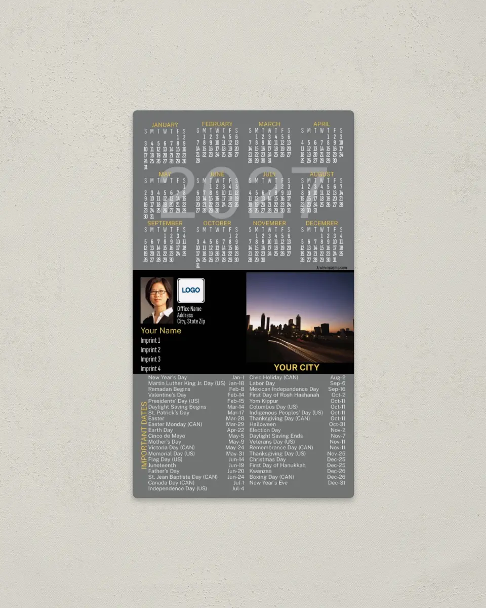 This is a 4" x 7" Full Magnet Calendar called City Twilight printed in full color with a Standard Gloss finish
