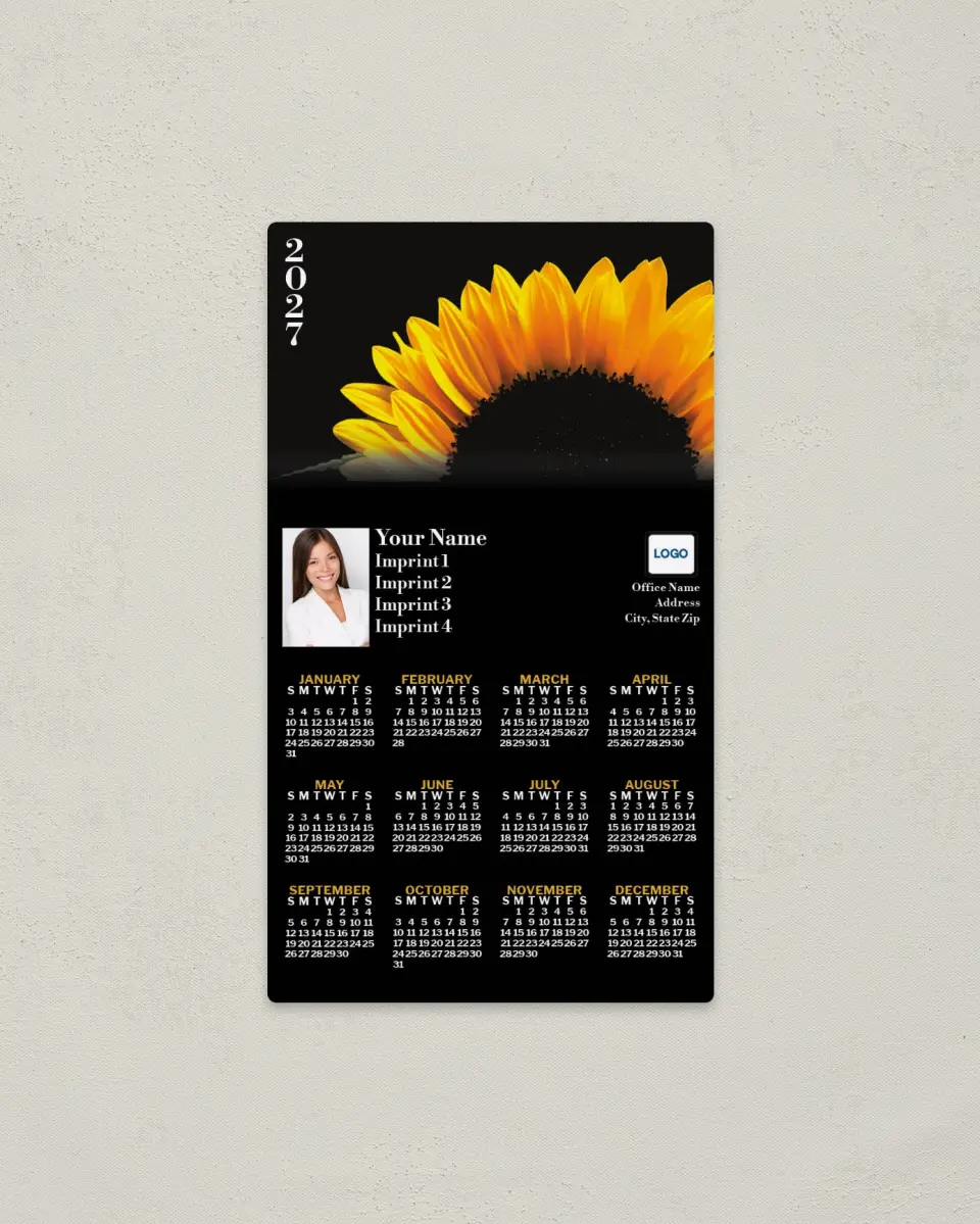 This is a 4" x 7" Full Magnet Calendar called Sunflower Fading to Black printed in full color with a Standard Gloss finish
