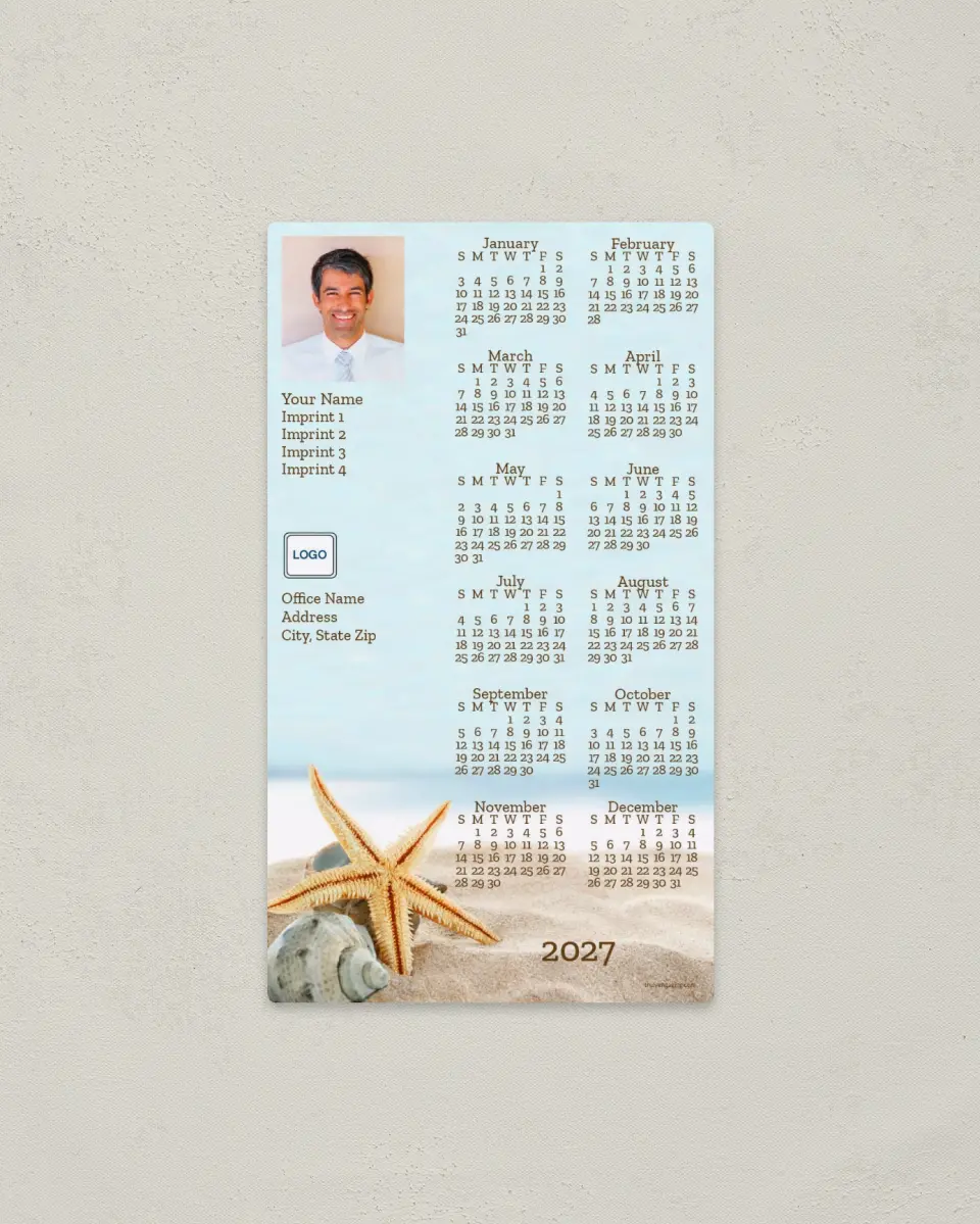 This is a 4" x 7" Full Magnet Calendar called Seashells and Starfish printed in full color with a Standard Gloss finish