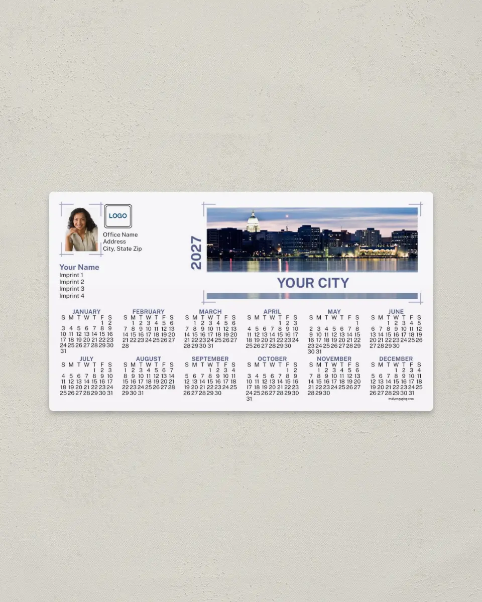 This is a 4" x 7" Full Magnet Calendar called Contemporary Skyline printed in full color with a Standard Gloss finish