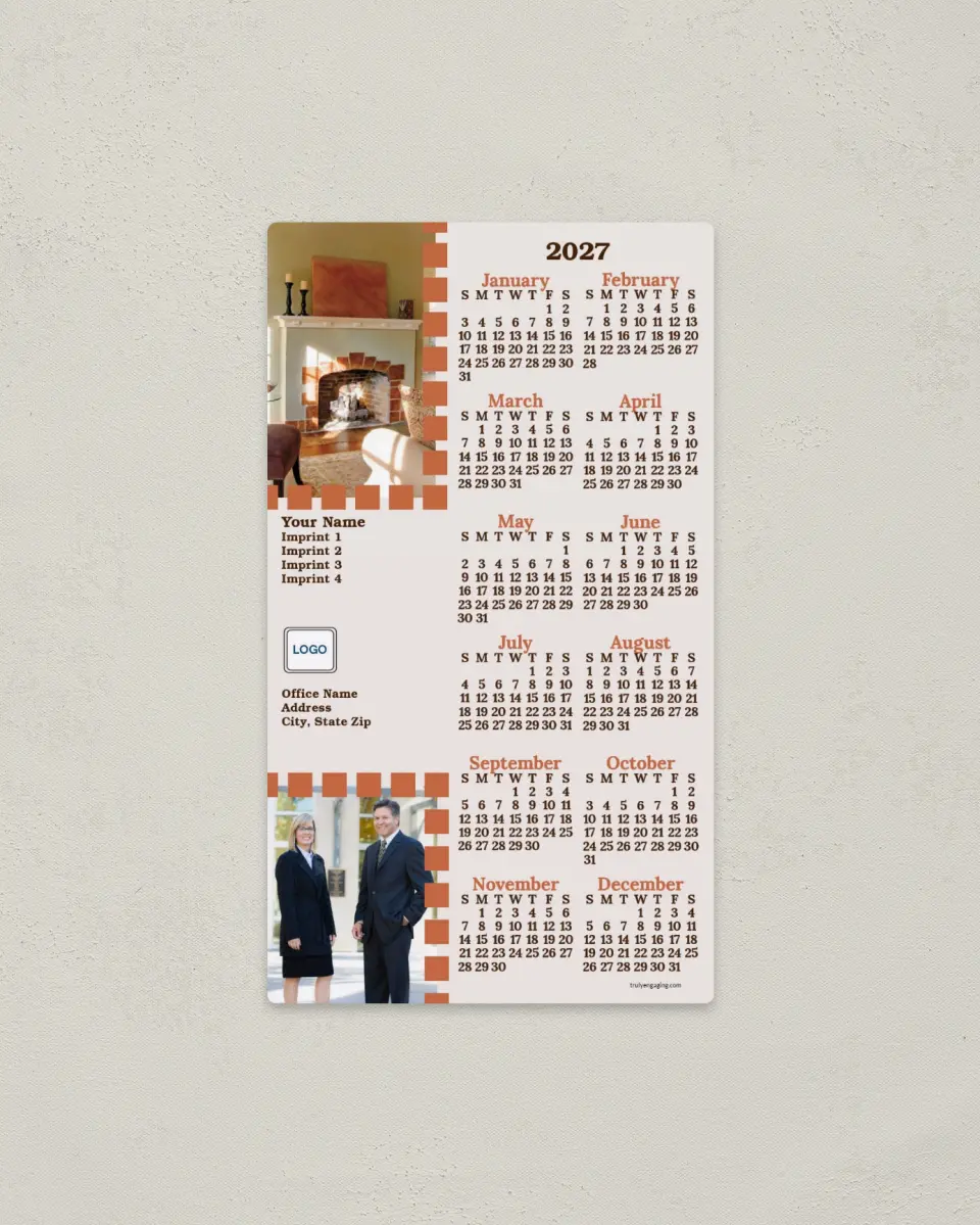 This is a 4" x 7" Full Magnet Calendar called Inviting Fireplace printed in full color with a Standard Gloss finish