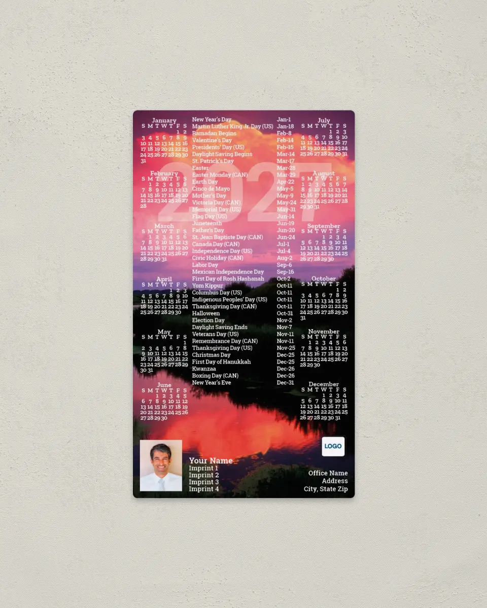 This is a 4" x 7" Full Magnet Calendar called Sunset Over Water printed in full color with a Standard Gloss finish