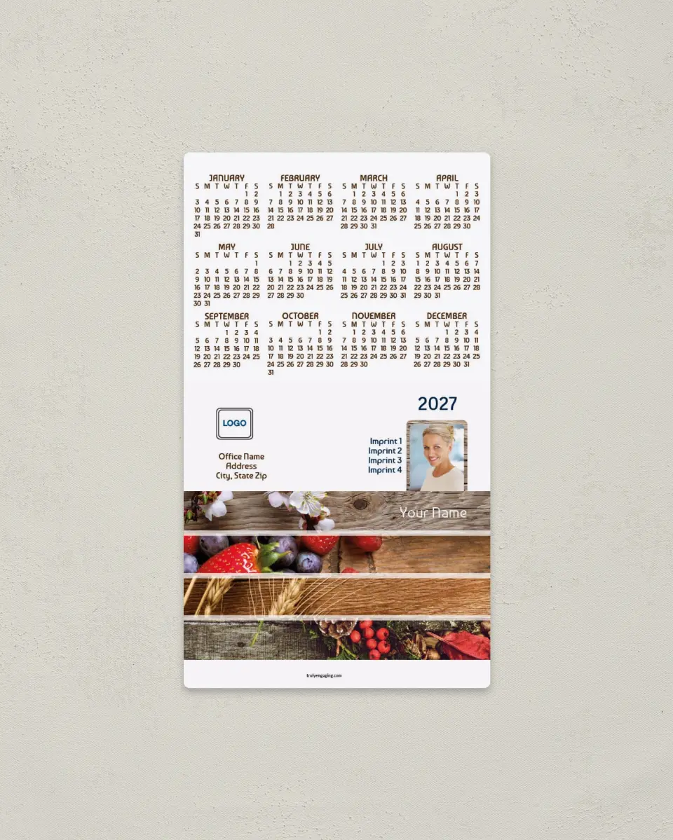 This is a 4" x 7" Full Magnet Calendar called Rustic Seasons printed in full color with a Standard Gloss finish